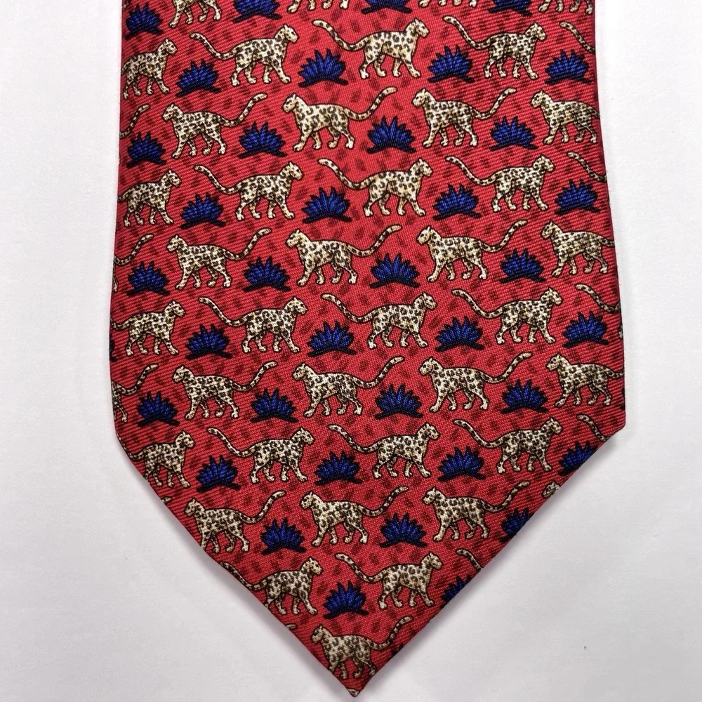 Vintage Brooks Brothers Tie Red Silk Leopard Cat Novelty Preppy Classic USA 90s